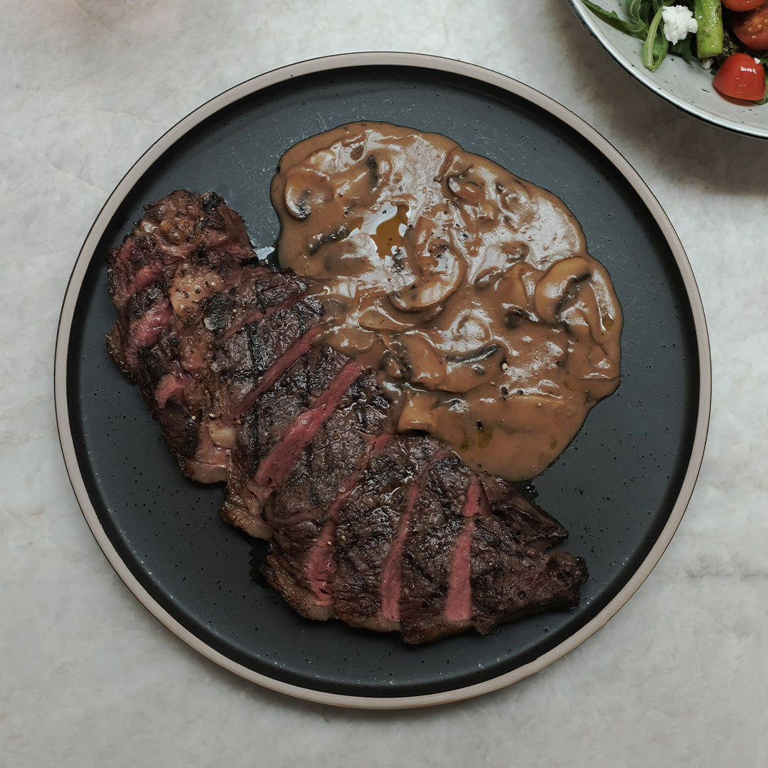 Barbecued Rump Steak with Roasted Mushroom Sauce & Asparagus Salad